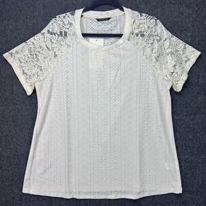 BloomChic Women Cream Eyelet Knit Top Sheer Lace Raglan Short Sleeve Size 14-16